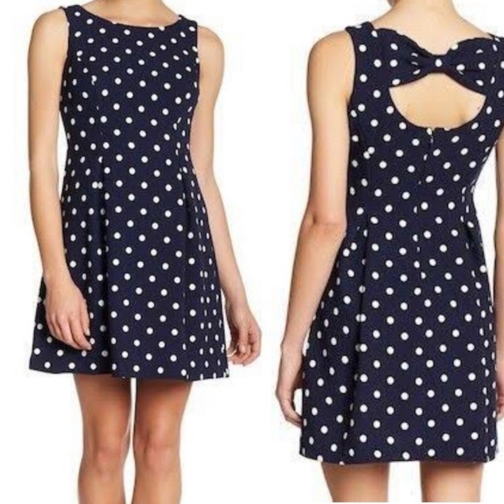 Eliza J Fit and Flare Skater Dress Navy White Polka Dot Bow Cut Out Back Sz 2
